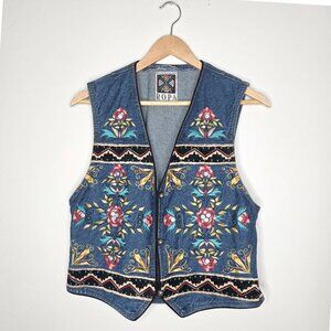 Hairston Roberson Ropa Embroidered Denim Vest Sequin Floral Western Boho Medium